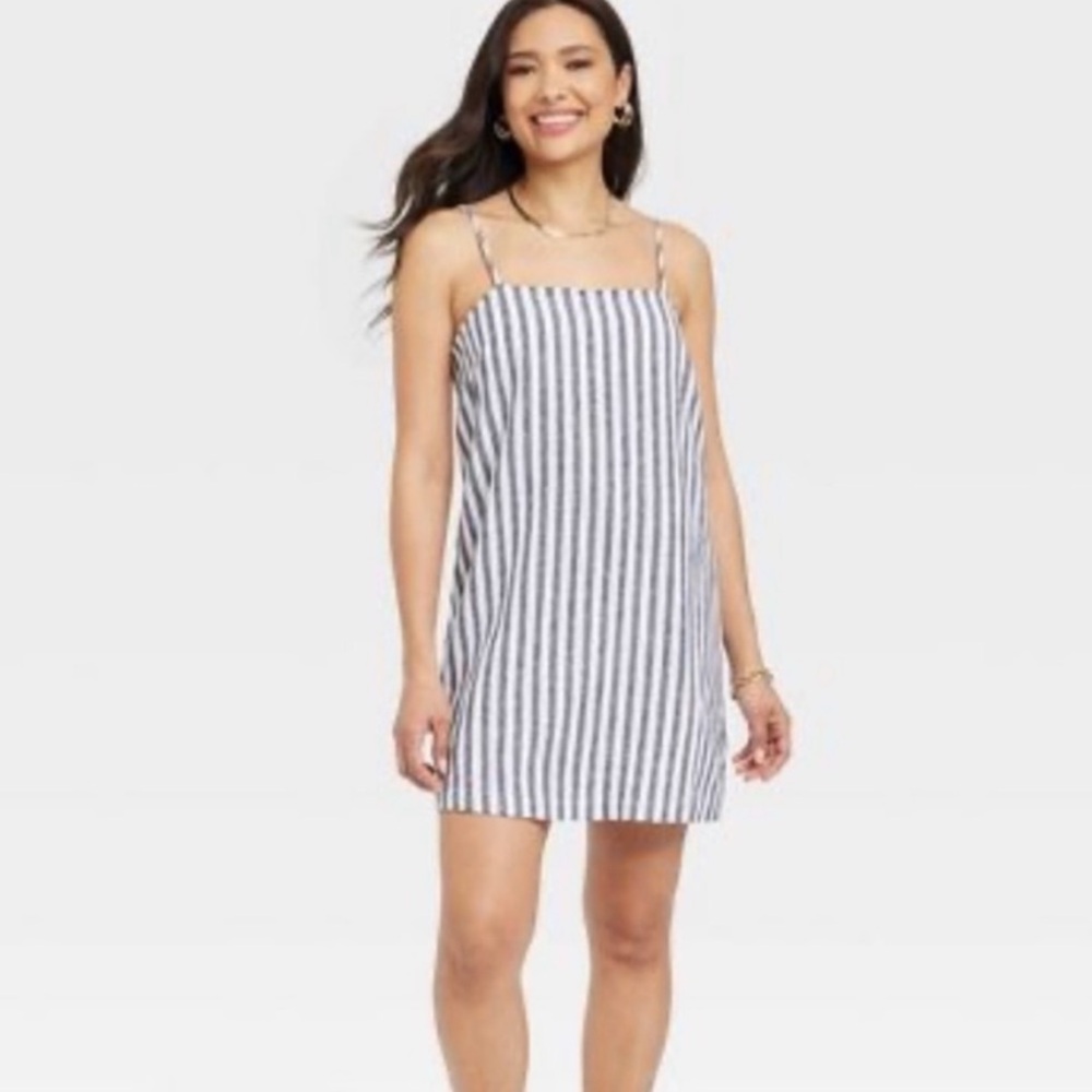 ⚜️ a new day Striped Linen Dress Navy Blue & White Adjustable Straps